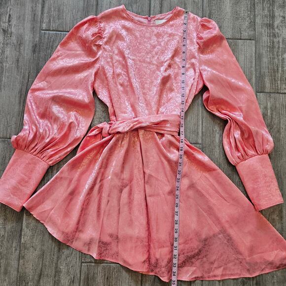 Vita Grace Pink Puff Sleeve Belted Mini Dress Women’s M Asymmetrical Hem Chic - Picture 3 of 14